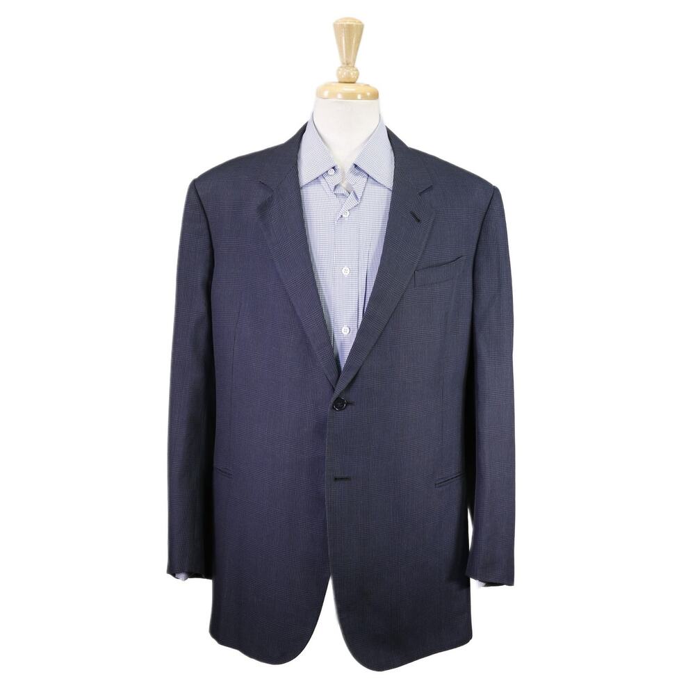 Armani Collezioni Navy Blue Plaid Linen 2-Btn Blazer Jacket 42L